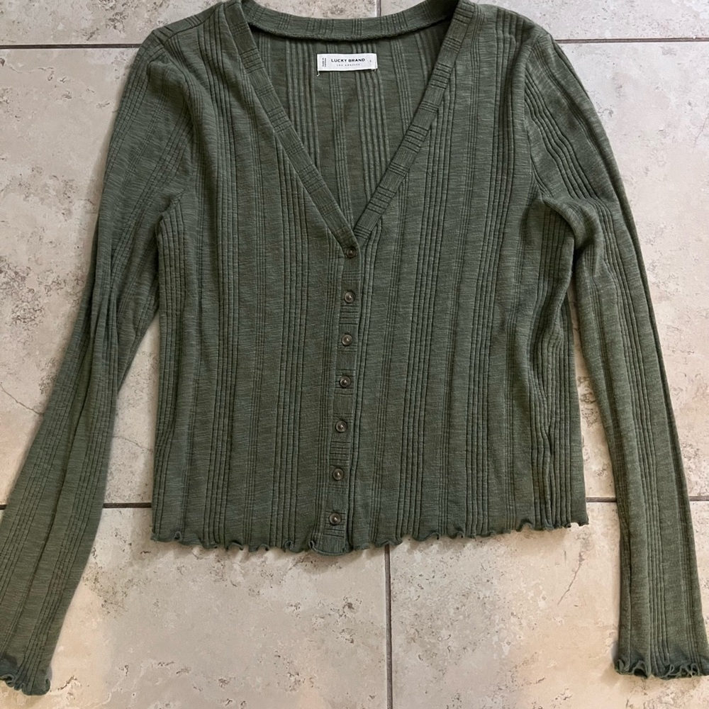 Lucky Brand Olive Green Ribbed Cardigan Cropped Long Sleeve Size Large
